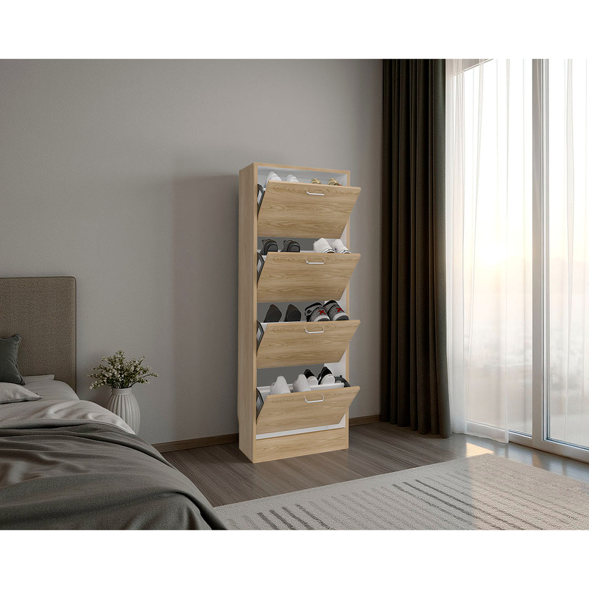 Zapatero Z 51 Fresno y Blanco 52x140.6cm Vertical de Cuatro Niveles para Ocho pares de Zapatos - ZAPATEROS | Bylmo