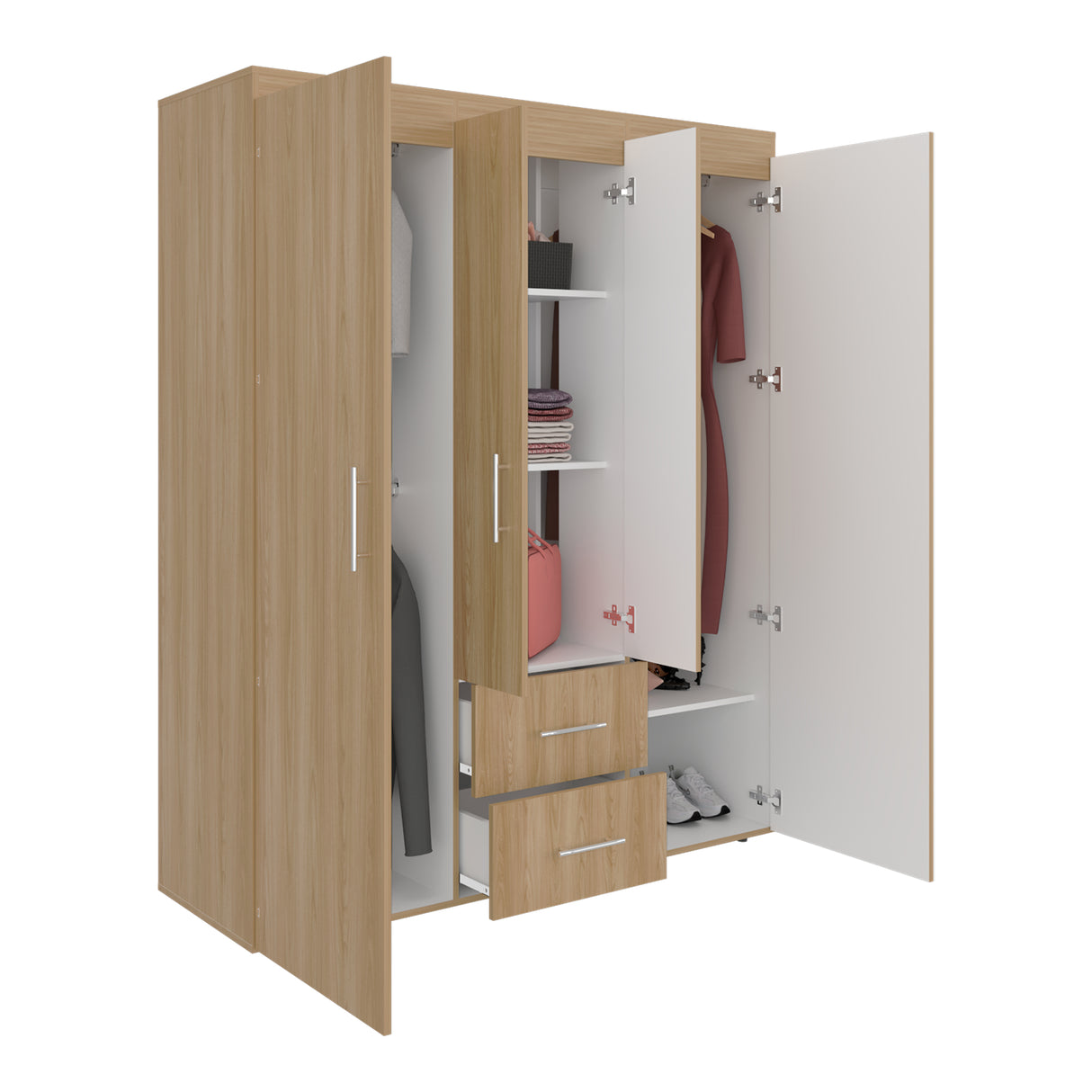 Closet Bariloche Eco Fresno y Blanco 150.3x177.9cm Con Dos Cajones y Cuatro Puertas - CLOSETS | Bylmo