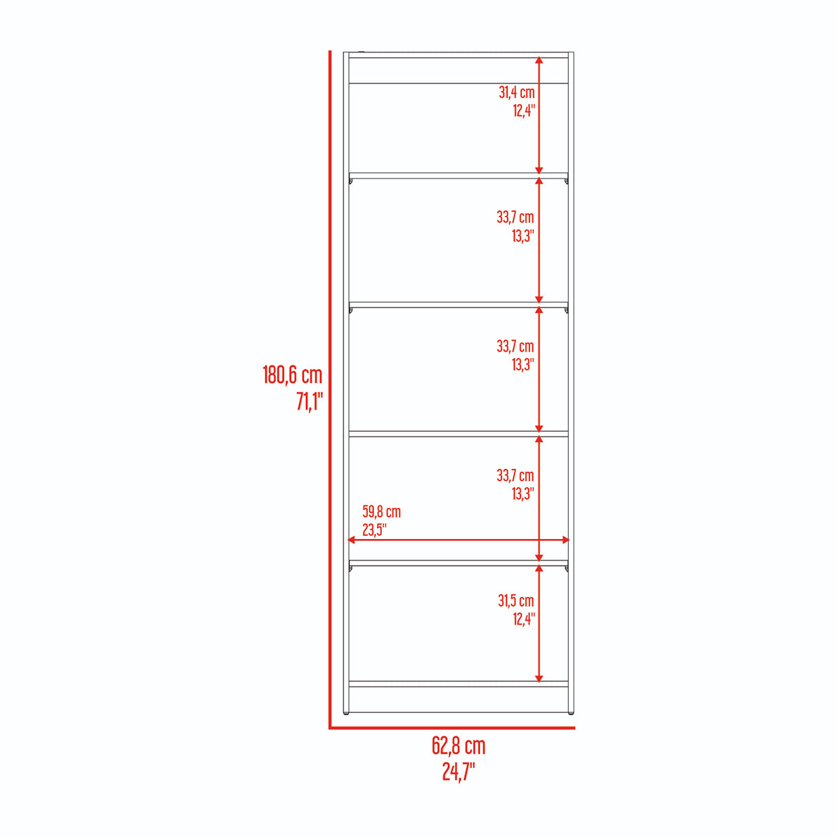Estantería Home Fresno y Blanco 63x181cm con Cinco Compartimientos - BIBLIOTECAS Y ESTANTERIAS | Bylmo