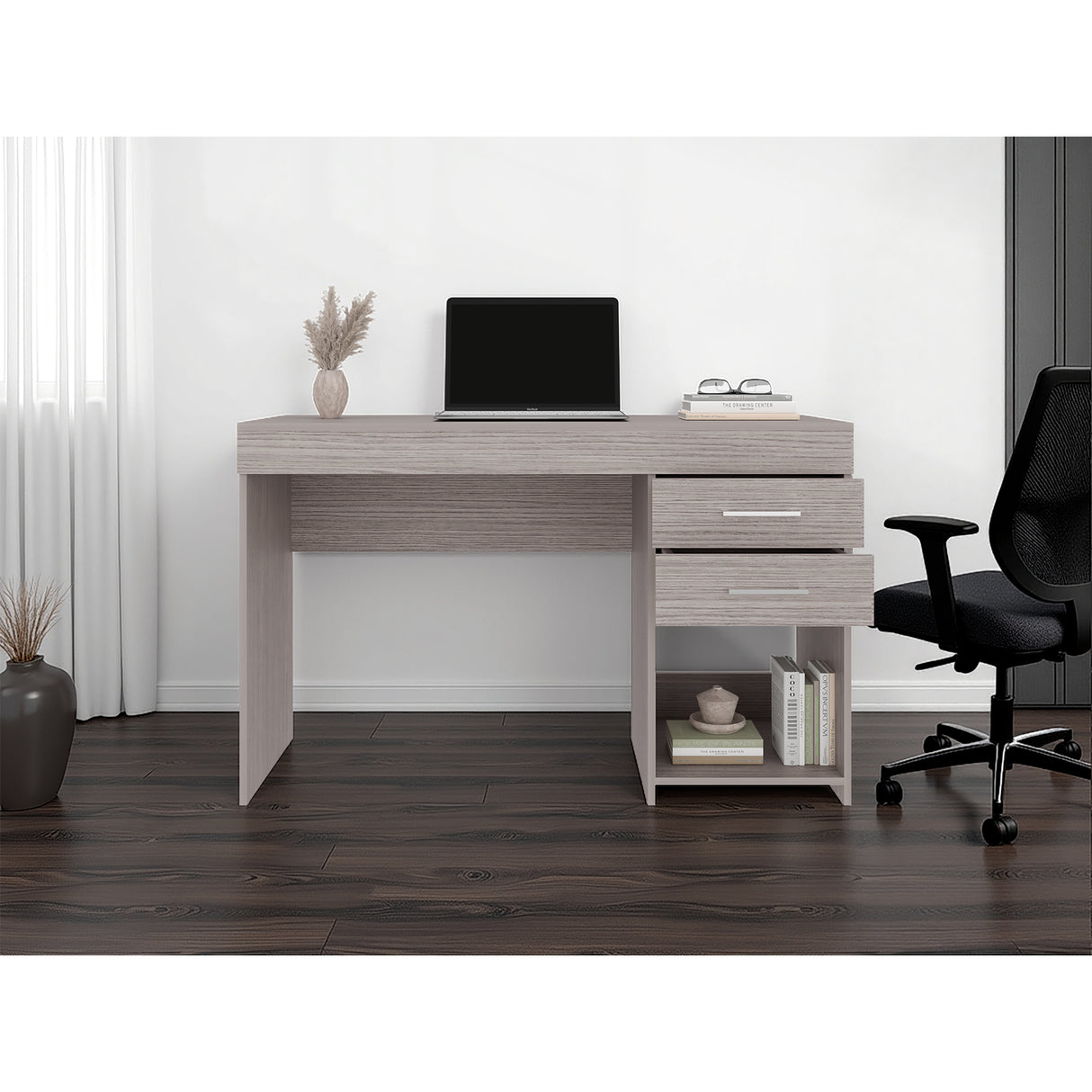 Escritorio Ibare Gris Positano 120x75cm Con Dos Cajones y con Organizador de Libros - ESCRITORIOS | Bylmo