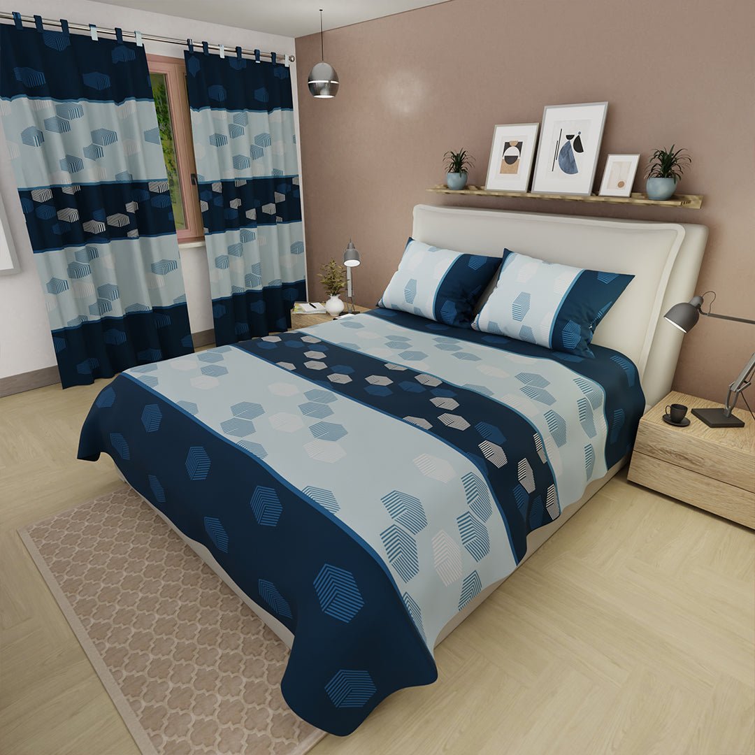 Juego de Sabanas GeoComfort Azul y Blanco Para Cama Queen 160 X 190 Cm de Hexagonos - SABANAS | Bylmo