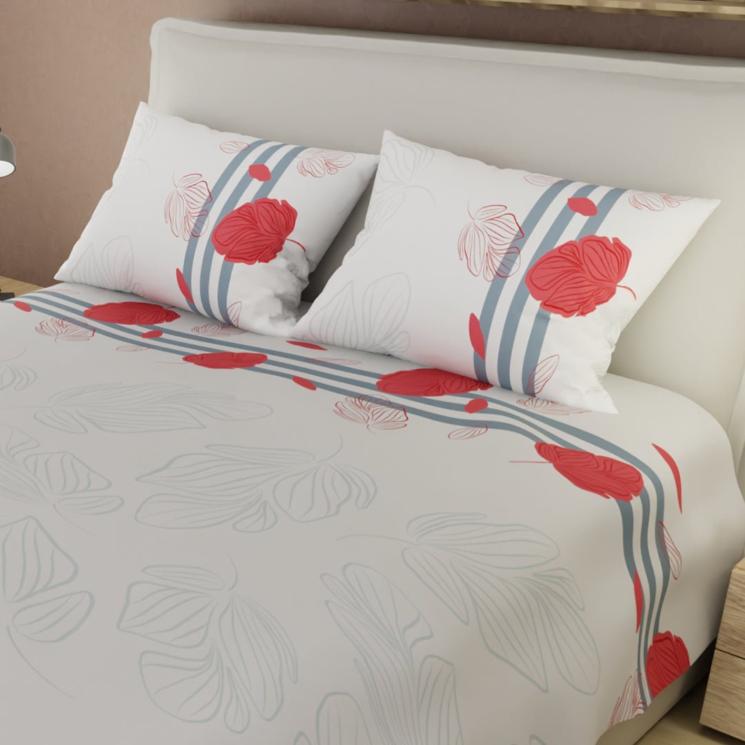 Juego de Sabanas Emoción Delicada Blanco y Rojo Para Cama Queen 160 X 190 Cm 180 Hilos de Hojas - SABANAS | Bylmo
