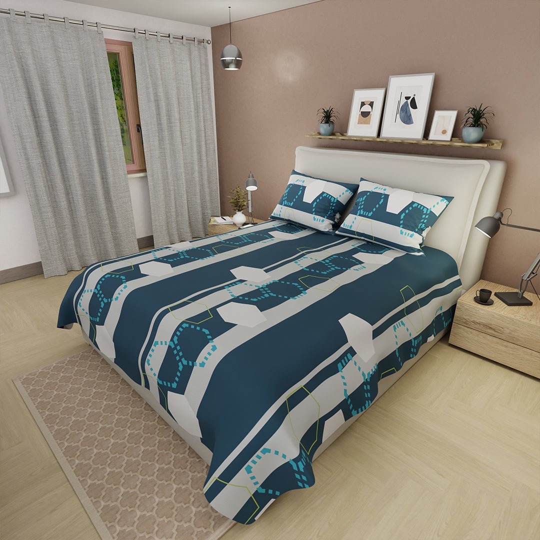 Juego de Sabanas Estilo Vectorial Azul y Blanco Para Cama Queen 160 X 190 Cm 180 Hilos de Hexagonos - SABANAS | Bylmo