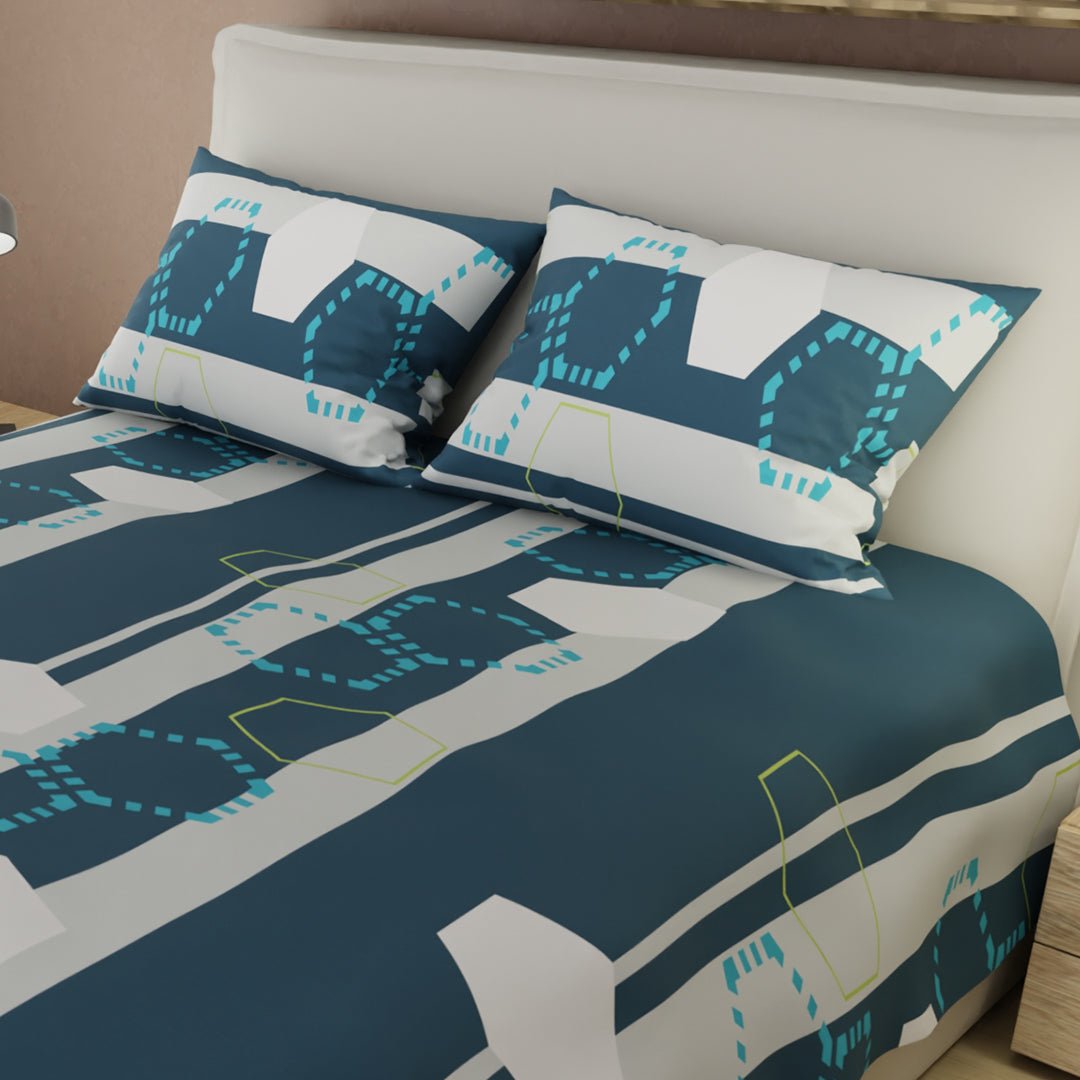 Juego de Sabanas Estilo Vectorial Azul y Blanco Para Cama Queen 160 X 190 Cm 180 Hilos de Hexagonos - SABANAS | Bylmo