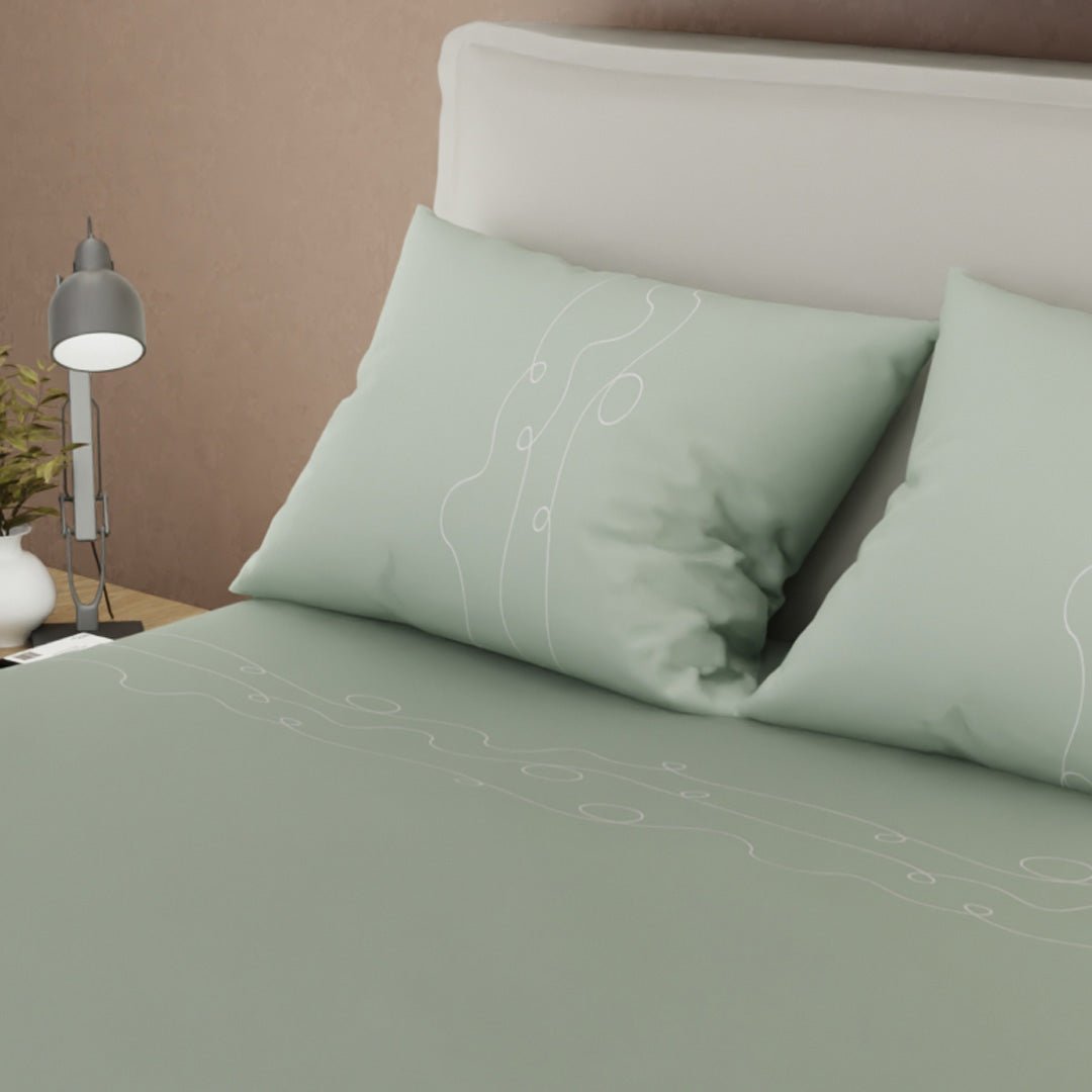 Juego de Sabanas Calma Verde Para Cama Doble 140 X 190 Cm 250 Hilos de Hojas - SABANAS | Bylmo