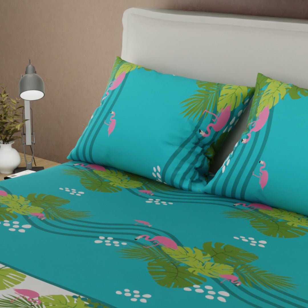 Juego de Sabanas Paraíso Tropical Azul y Blanco Para Cama King 200 X 200 Cm de Hojas - SABANAS | Bylmo
