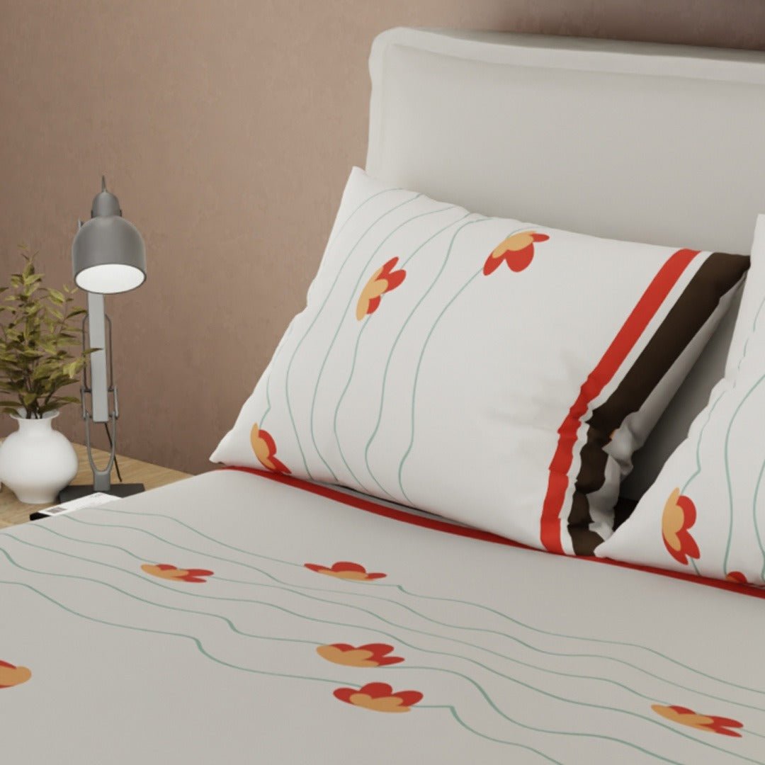 Juego de Sabanas Tulipanes entre Líneas Blanco y Café Para Cama Queen 160 X 190 Cm 180 Hilos de Hojas Y Flores - SABANAS | Bylmo