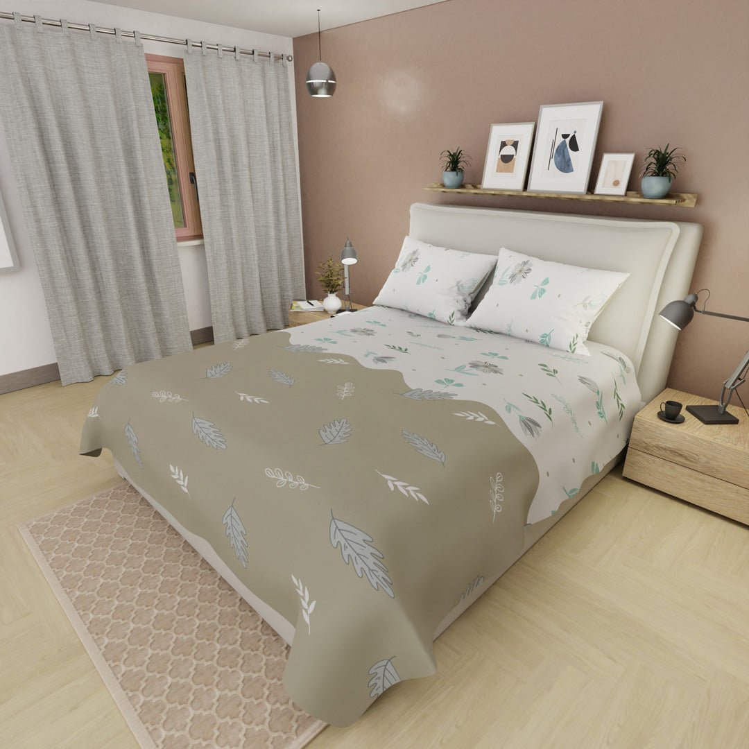 Juego de Sabanas Sueño Natural Blanco y Beige Para Cama Doble 140 X 190 Cm 180 Hilos de Hojas - SABANAS | Bylmo