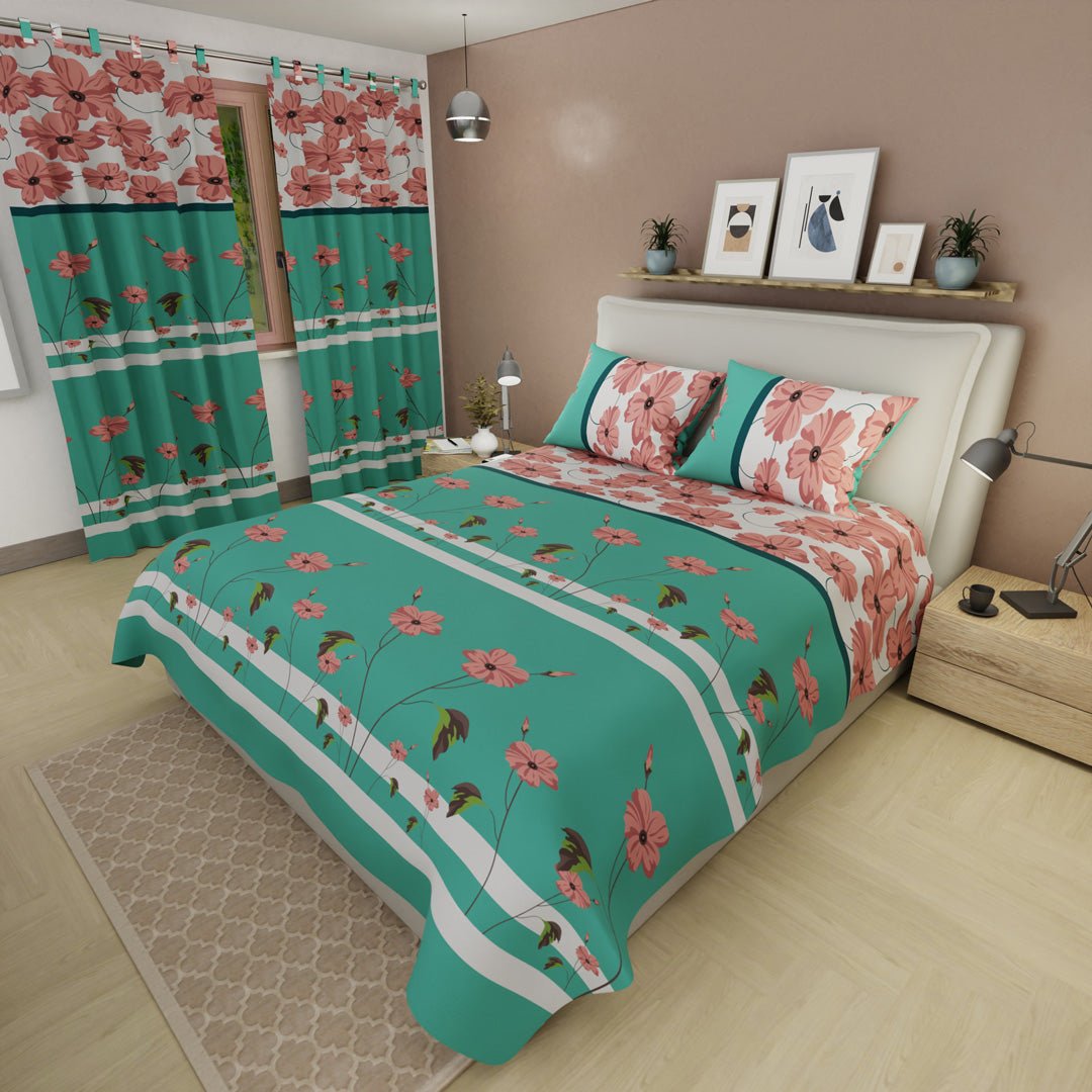 Juego de Sabanas Primavera Verde y Rosado Para Cama Doble 140 X 190 Cm de Flores - SABANAS | Bylmo