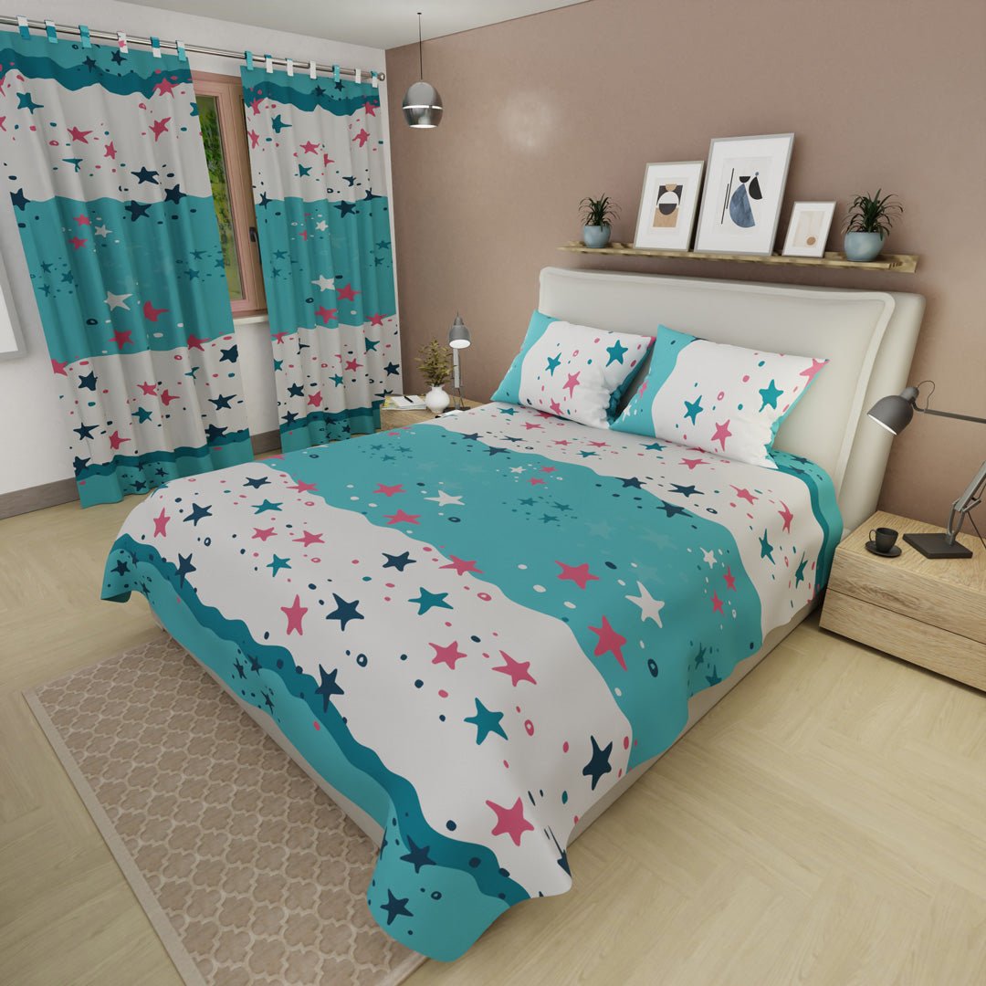 Juego de Sabanas Universo Turquesa y Blanco Para Cama Doble 140 X 190 Cm de Estrellas - SABANAS | Bylmo