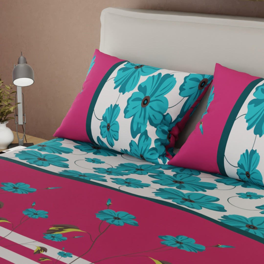 Juego de Sabanas Encanto Floral Fucsia y Azul Para Cama Doble 140 X 190 Cm de Hojas - SABANAS | Bylmo