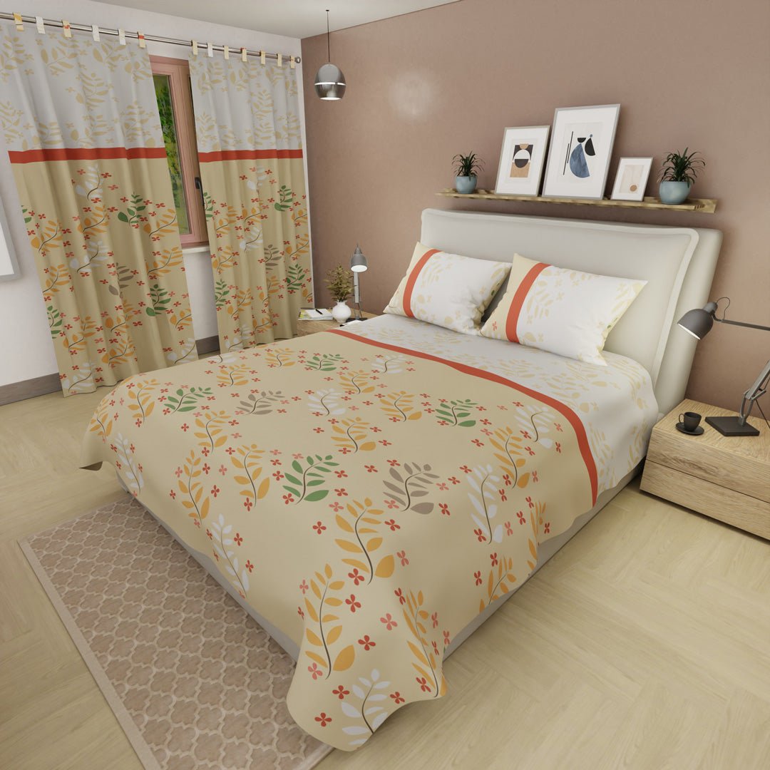 Juego de Sabanas Jardín de Luz Beige y Blanco Para Cama Doble 140 X 190 Cm de Hojas - SABANAS | Bylmo