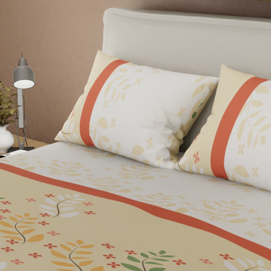 Juego de Sabanas Jardín de Luz Beige y Blanco Para Cama Doble 140 X 190 Cm de Hojas - SABANAS | Bylmo