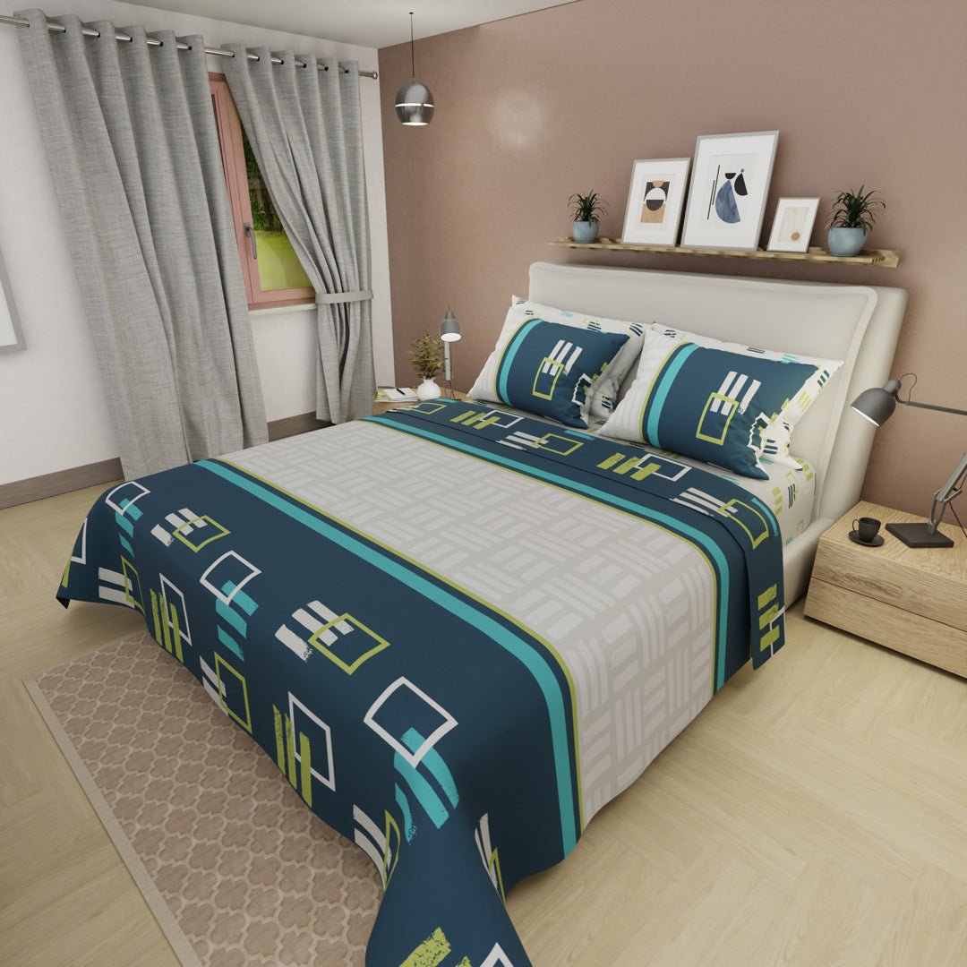 Juego de Sabanas Style 4 Gris y Azul Oscuro Para Cama King 200 X 200 Cm de Cuadrados Con Lineas - SABANAS | Bylmo