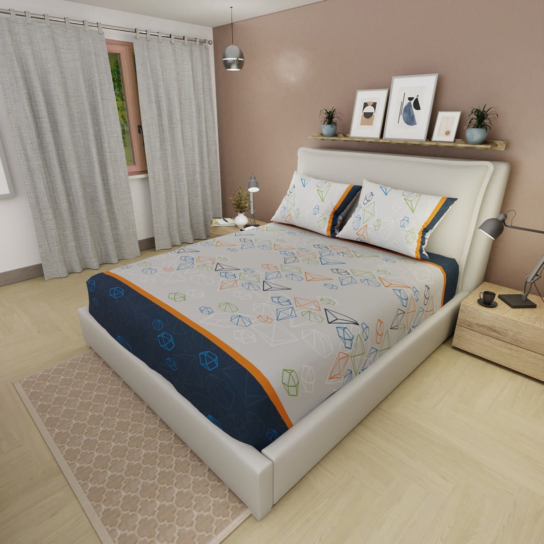 Sábana Ajustable Primavera Geo Blanco y Azul Oscuro para Cama Doble 140 X 190 Cm Figuras Geometricas - SABANAS | Bylmo