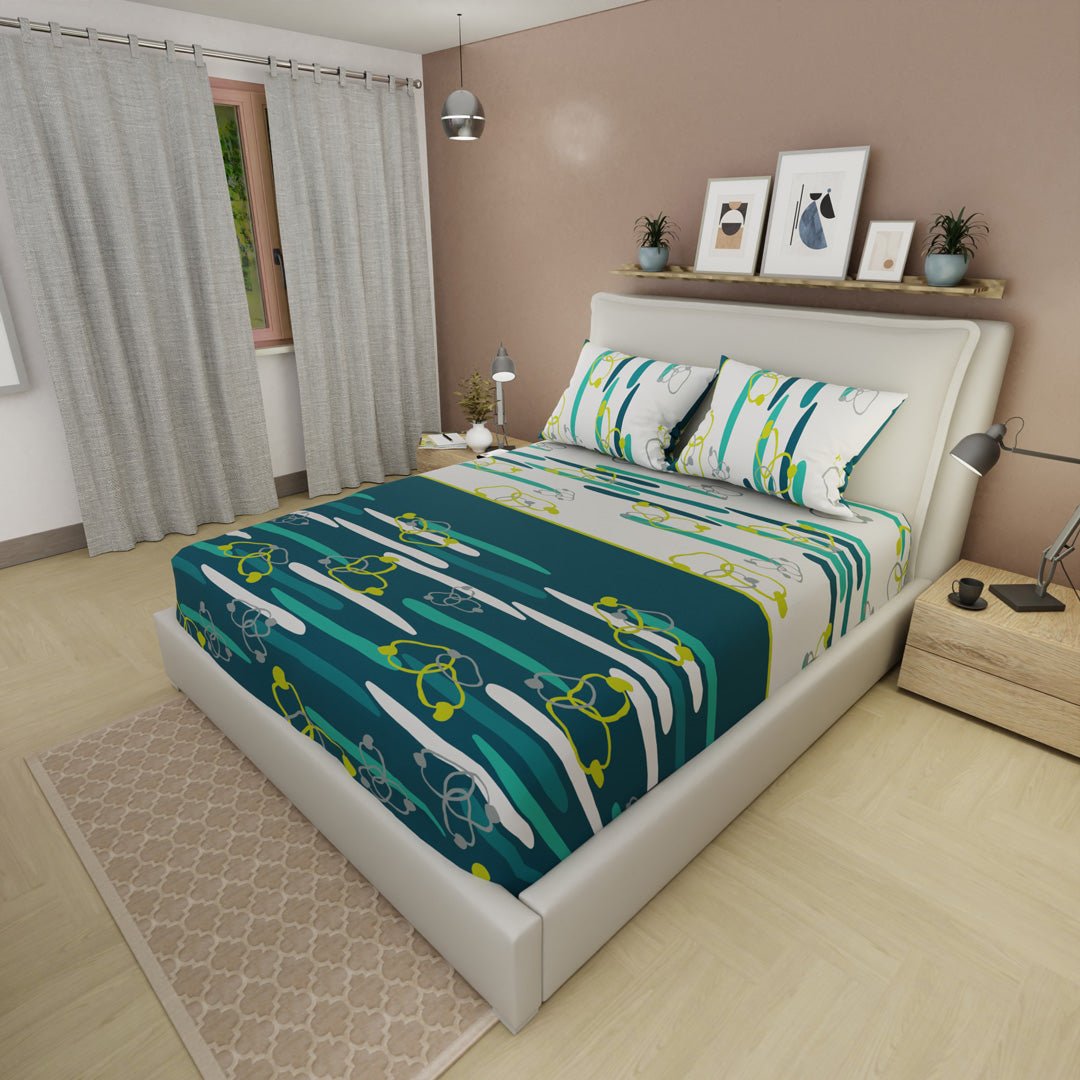 Sábana Ajustable Sueños Líneas de Océano Verde Azul y Blanco para Cama Doble 140 X 190 Cm Lineas Y Circulos - SABANAS | Bylmo