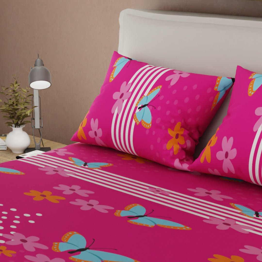 Sábana Ajustable Sueños Glow Fucsia para Cama Doble 140 X 190 Cm Flores Y Mariposas - SABANAS | Bylmo