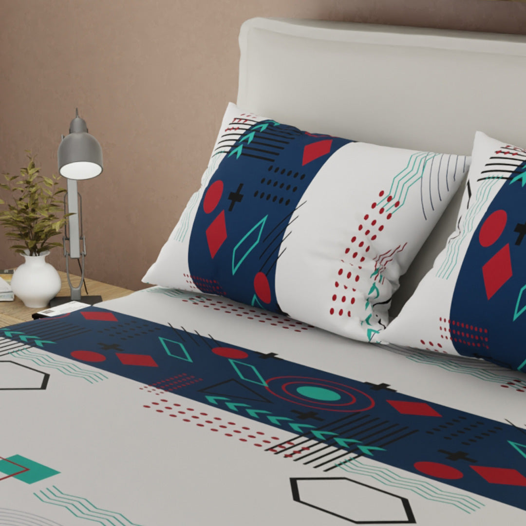 Sábana Ajustable Fusion Moderna Blanco Apagado y Azul Oscuro para Cama Queen 160 X 190 Cm Figuras