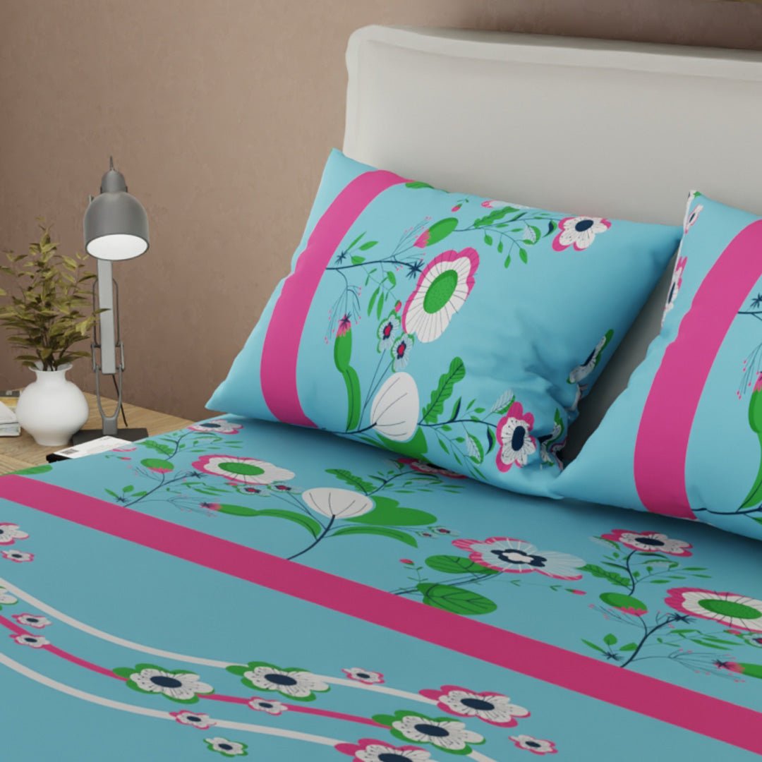 Sábana Ajustable Floralia Coral Azul y Fucsia para Cama Queen 160 X 190 Cm Flores - SABANAS | Bylmo