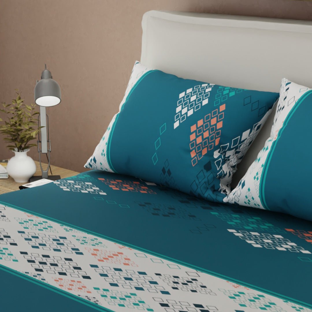 Sábana Ajustable Sueños Prisma Verde Azul y Blanco para Cama Queen 160 X 190 Cm Rombos - SABANAS | Bylmo