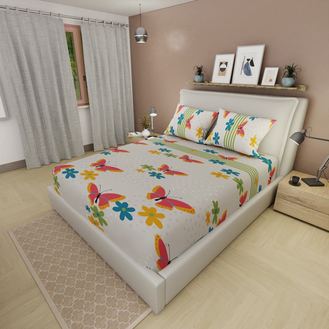 Sábana Ajustable Sueños Glow Blanco Apagado y Verde para Cama Sencilla 100 X 190 Cm Flores Y Mariposas - SABANAS | Bylmo