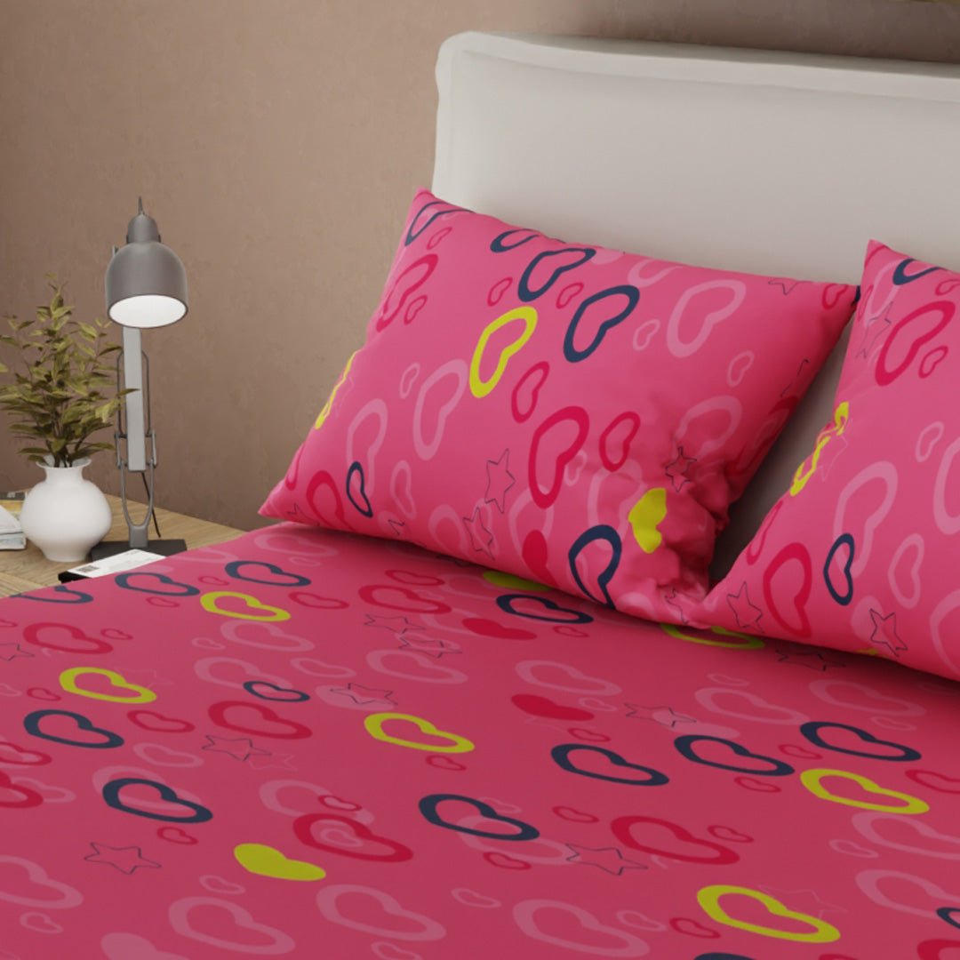 Sábana Ajustable Explosión de Amor Rosado y Blanco para Cama Sencilla 100 X 190 Cm Estrellas Y Flores - SABANAS | Bylmo