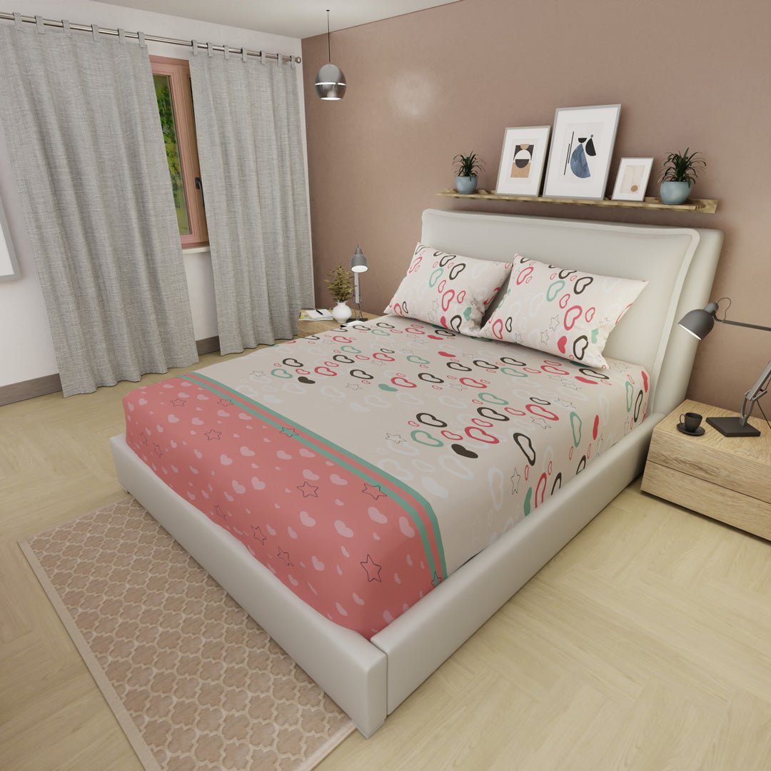 Sábana Ajustable Explosión de Amor Blanco y Naranja Claro para Cama Sencilla 100 X 190 Cm Estrellas Y Corazones - SABANAS | Bylmo