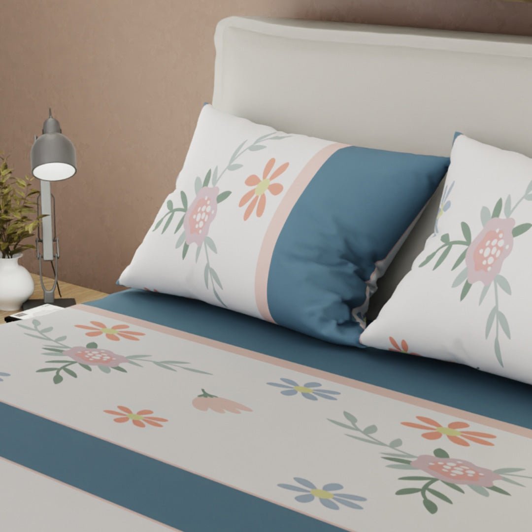 Semijuego de Sábanas Style Jardín Azul y Blanco para Cama Doble 140 X 190 Cm Hojas Y Flores - SABANAS | Bylmo
