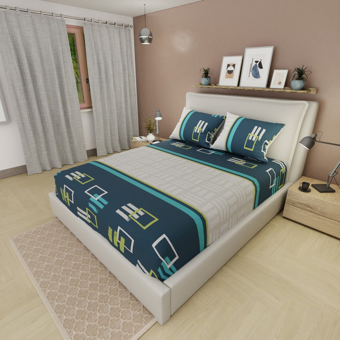 Semijuego de Sábanas Style Ritmo Metropolitano Gris y Azul Oscuro para Cama Doble 140 X 190 Cm Cuadrados Con Lineas - SABANAS | Bylmo