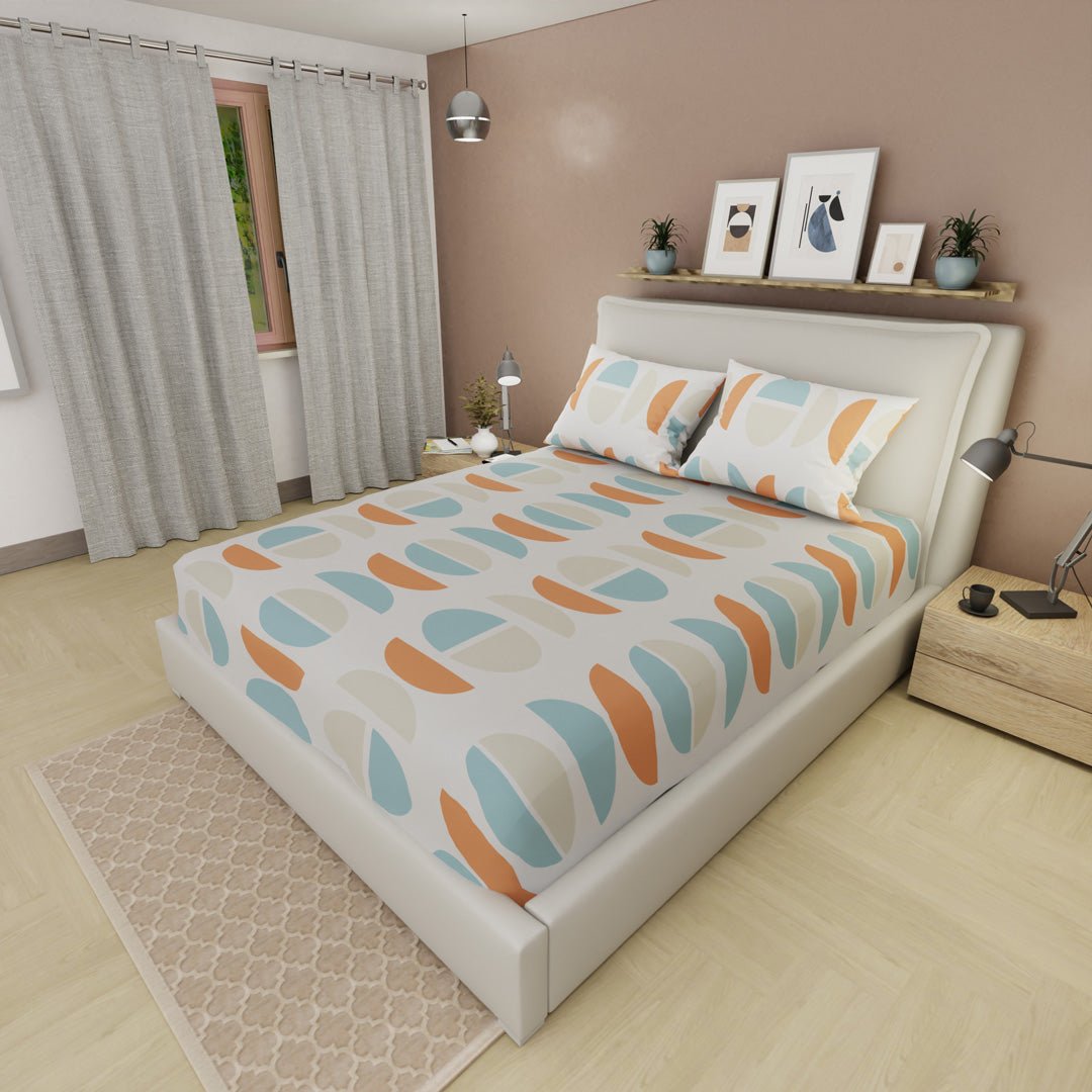 Semijuego de Sábanas Style Curvas del Tiempo Gris y Naranja para Cama Queen 160 X 190 Cm Semicirculos - SABANAS | Bylmo