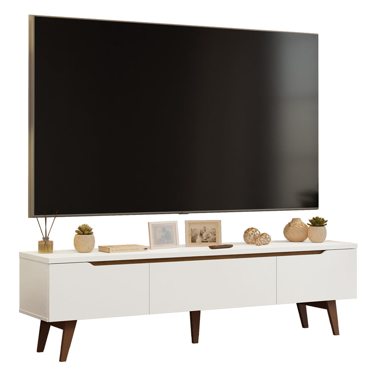 Rack de TV Doha Blanco y Marrón 180x50cm para TV Hasta 80" Pulgadas con Un cajón y Dos Compartimientos - MUEBLES DE TV | Bylmo