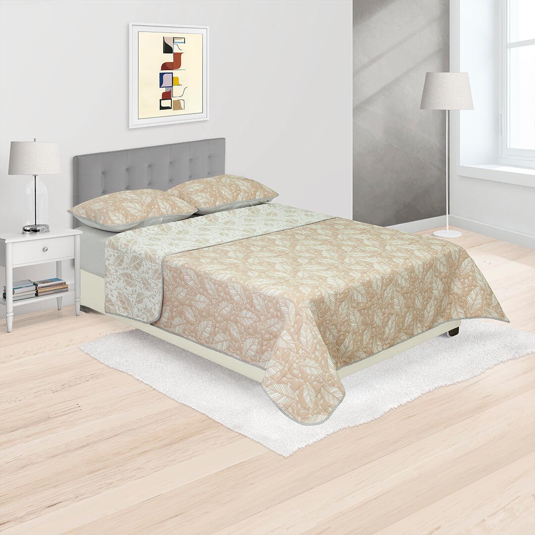 Cubrelecho Trama Blanco y Beige para Cama Doble 140 X 190 Cm Prensado de Hojas - TENDIDOS Y CUBRELECHOS | Bylmo