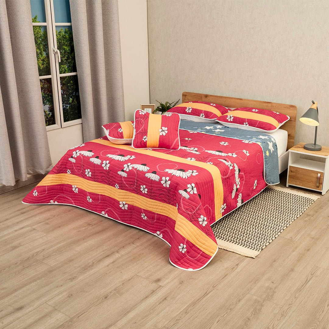 Cubrelecho Doble Faz Ramillete de Colores Fucsia y Naranja para Cama Semidoble 120 X 190 Cm Prensado de Flores - TENDIDOS Y CUBRELECHOS | Bylmo