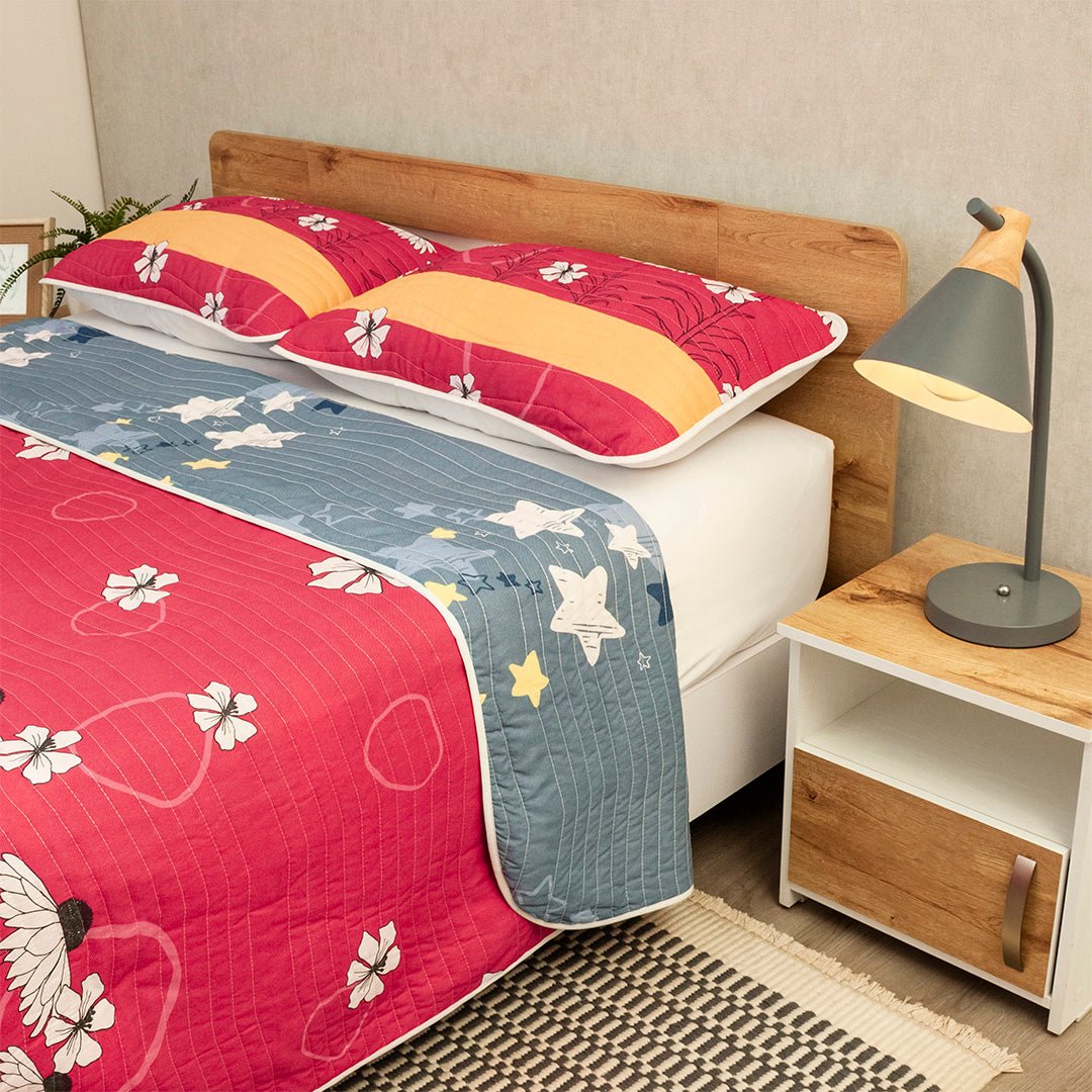 Cubrelecho Doble Faz Ramillete de Colores Fucsia y Naranja para Cama Semidoble 120 X 190 Cm Prensado de Flores - TENDIDOS Y CUBRELECHOS | Bylmo