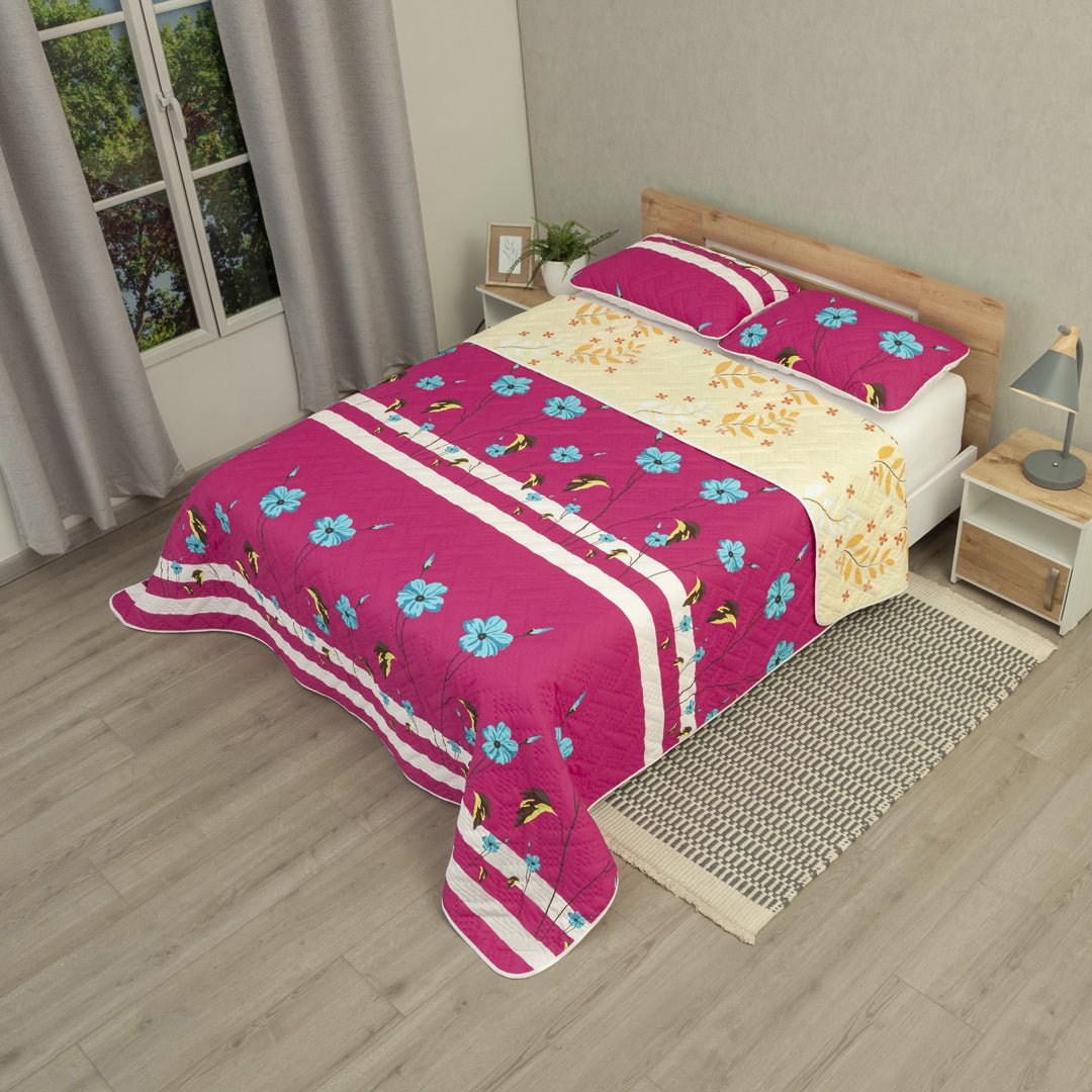 Cubrelecho Doble Faz Canto Tropical Fucsia y Beige Claro para Cama Doble 140 X 190 Cm Prensado de Hojas - TENDIDOS Y CUBRELECHOS | Bylmo