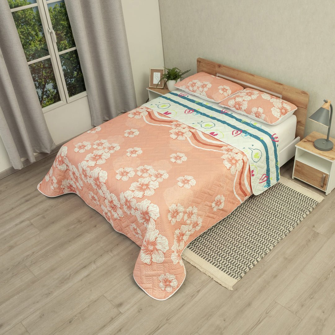 Cubrelecho Doble Faz Dúo Vibrante Naranja y Blanco para Cama Doble 140 X 190 Cm Prensado de Corazones Y Flores - TENDIDOS Y CUBRELECHOS | Bylmo