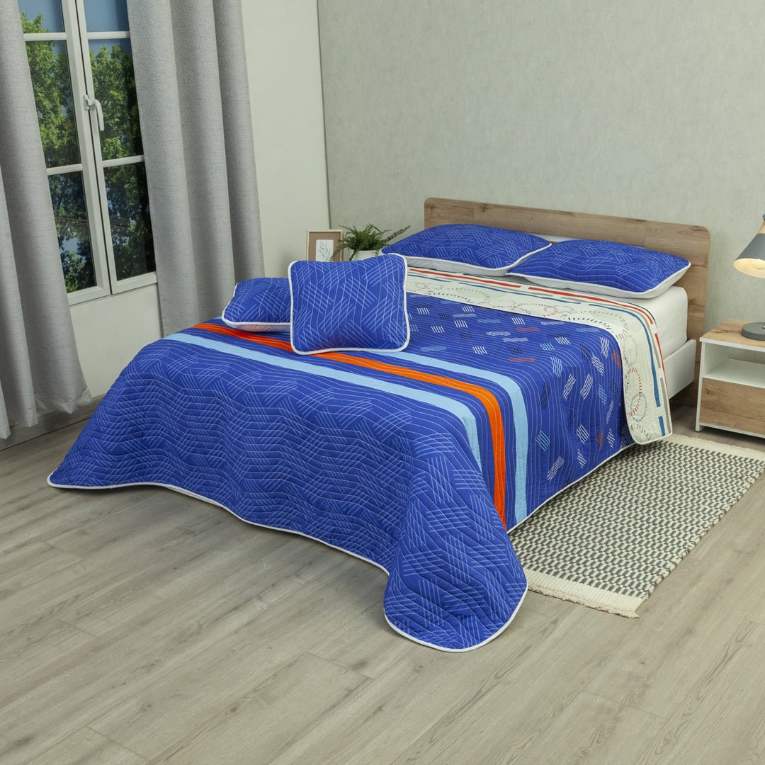 Cubrelecho City Code Blanco y Azul para Cama Doble 140 X 190 Cm Prensado de Lineas Y Circulos - TENDIDOS Y CUBRELECHOS | Bylmo