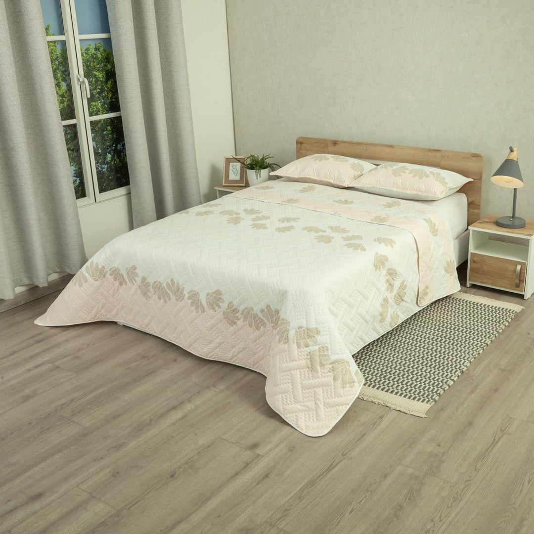 Cubrelecho Doble Faz Style Encanto Pastel Rosa Claro y Blanco para Cama Doble 140 X 190 Cm de Hojas - TENDIDOS Y CUBRELECHOS | Bylmo