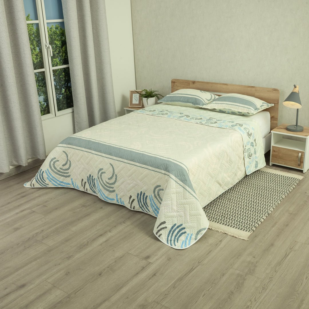 Cubrelecho Doble Faz Style Ocean Chic Blanco para Cama Queen 160 X 190 Cm de Lineas Ondulantes - TENDIDOS Y CUBRELECHOS | Bylmo