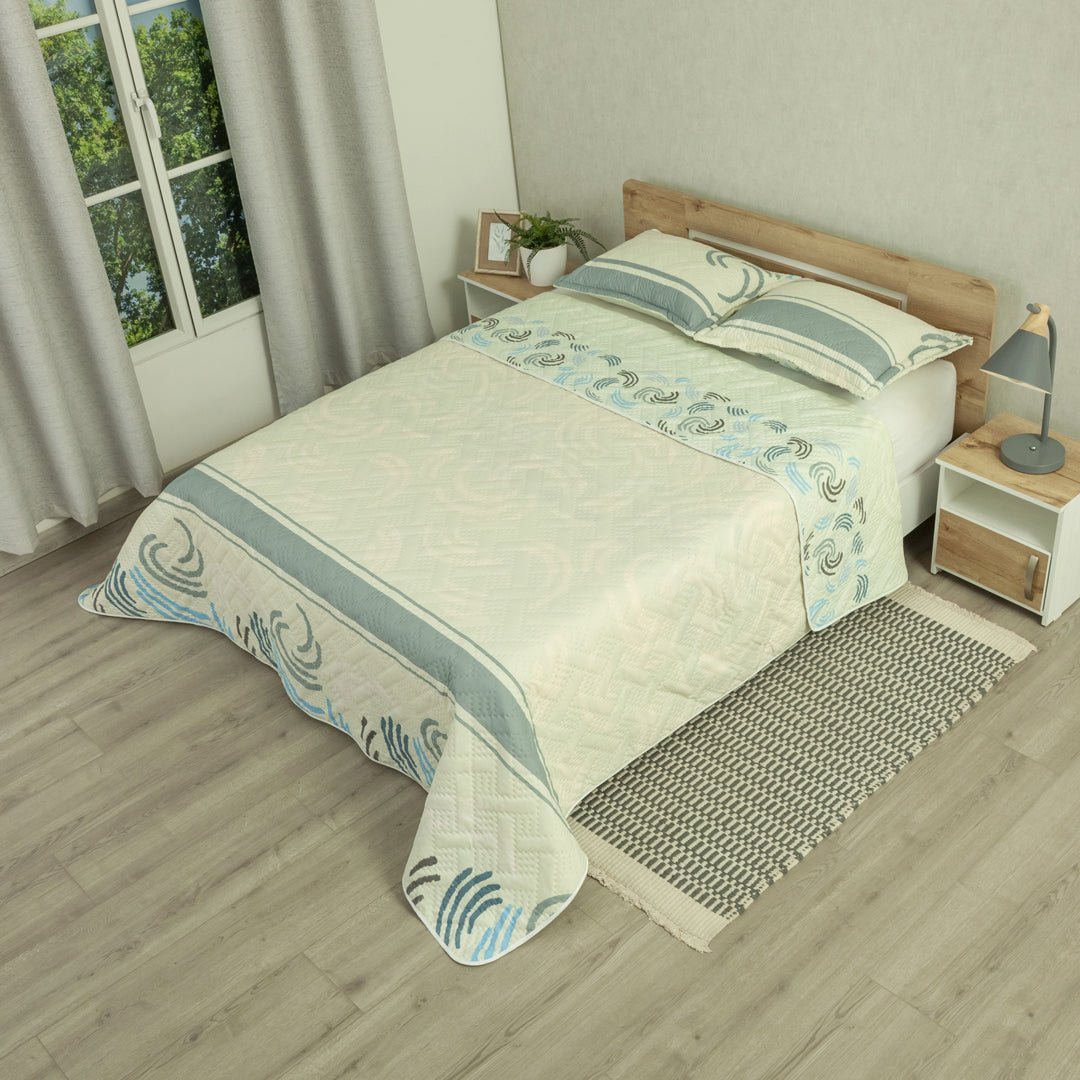 Cubrelecho Doble Faz Style Ocean Chic Blanco para Cama Queen 160 X 190 Cm de Lineas Ondulantes - TENDIDOS Y CUBRELECHOS | Bylmo