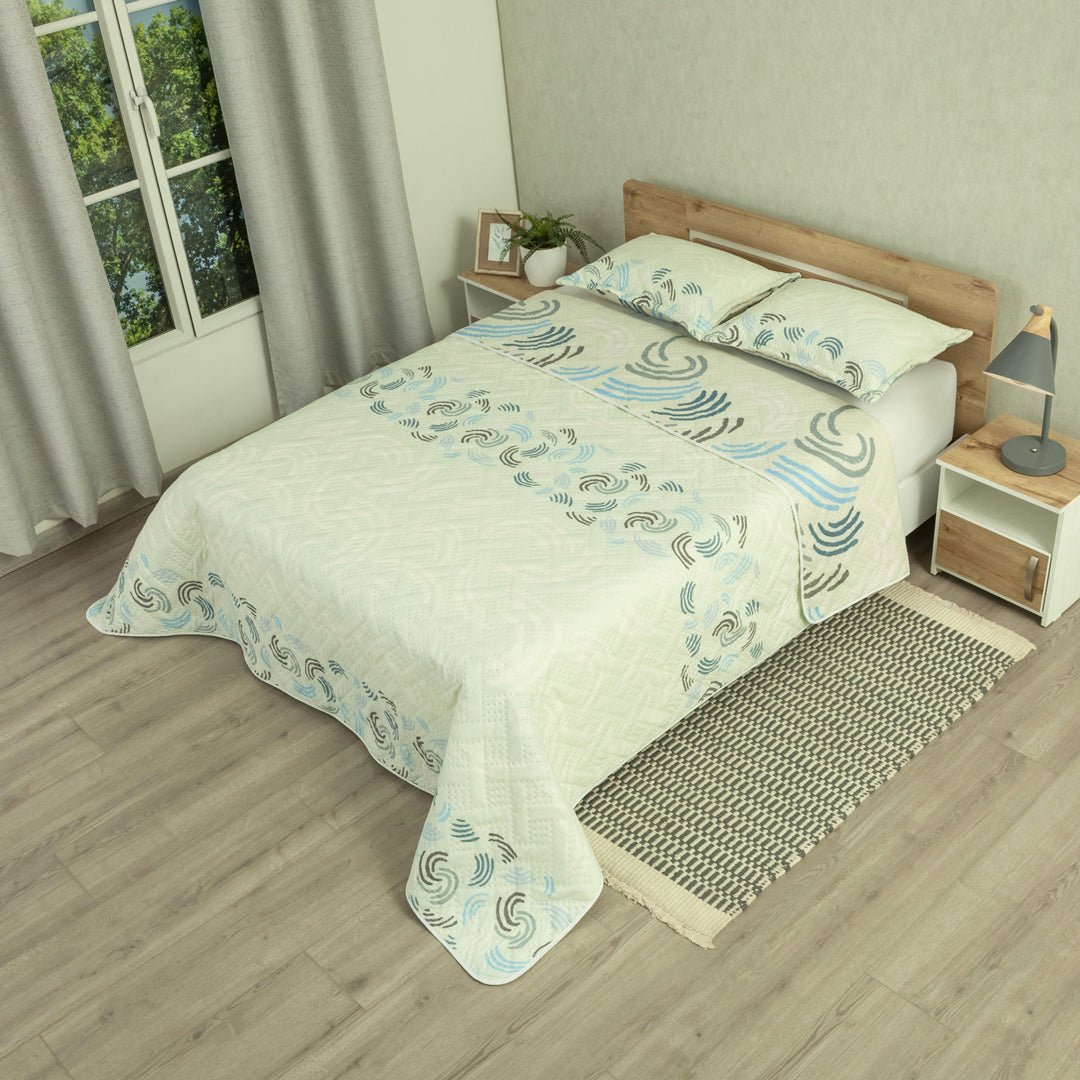 Cubrelecho Doble Faz Style Ocean Chic Blanco para Cama Queen 160 X 190 Cm de Lineas Ondulantes - TENDIDOS Y CUBRELECHOS | Bylmo