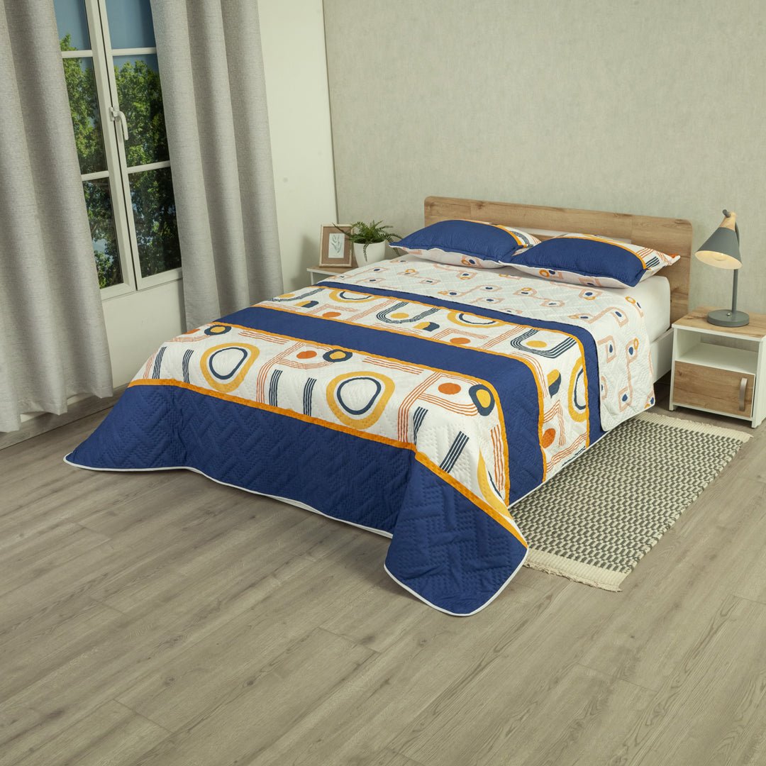 Cubrelecho Doble Faz Style Órbita Blanco y Azul Oscuro para Cama Semidoble 120 X 190 Cm de Lineas Y Puntos - TENDIDOS Y CUBRELECHOS | Bylmo