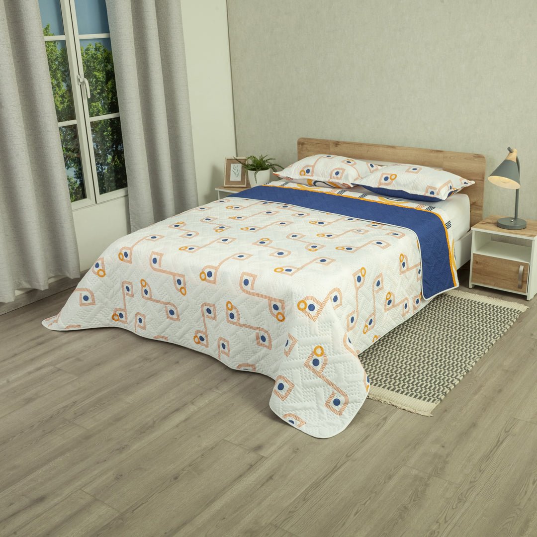 Cubrelecho Doble Faz Style Órbita Blanco y Azul Oscuro para Cama Semidoble 120 X 190 Cm de Lineas Y Puntos - TENDIDOS Y CUBRELECHOS | Bylmo