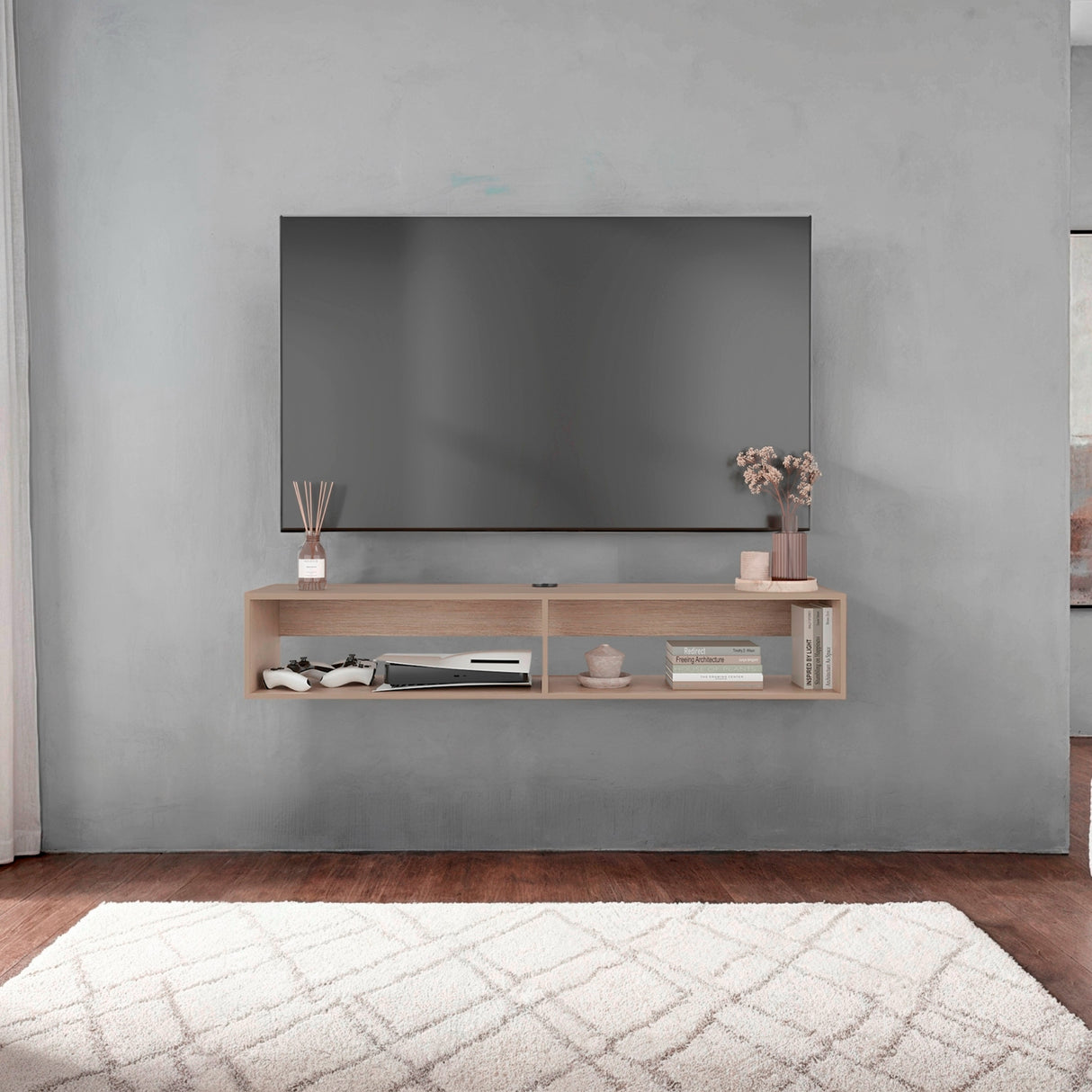 Rack de TV Cartagena 150x26.5cm para TV Hasta 65" Pulgadas Flotante con Dos Compartimientos y con Ranuras para Cables - MUEBLES DE TV | Bylmo