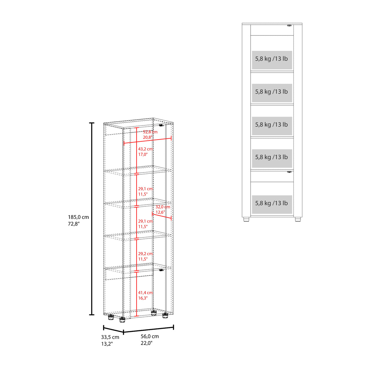 Estantería Tanalea Kronos y Fresno 56x185cm Rectangular con Cinco Compartimientos y Cuatro Entrepaños - BIBLIOTECAS Y ESTANTERIAS | Bylmo