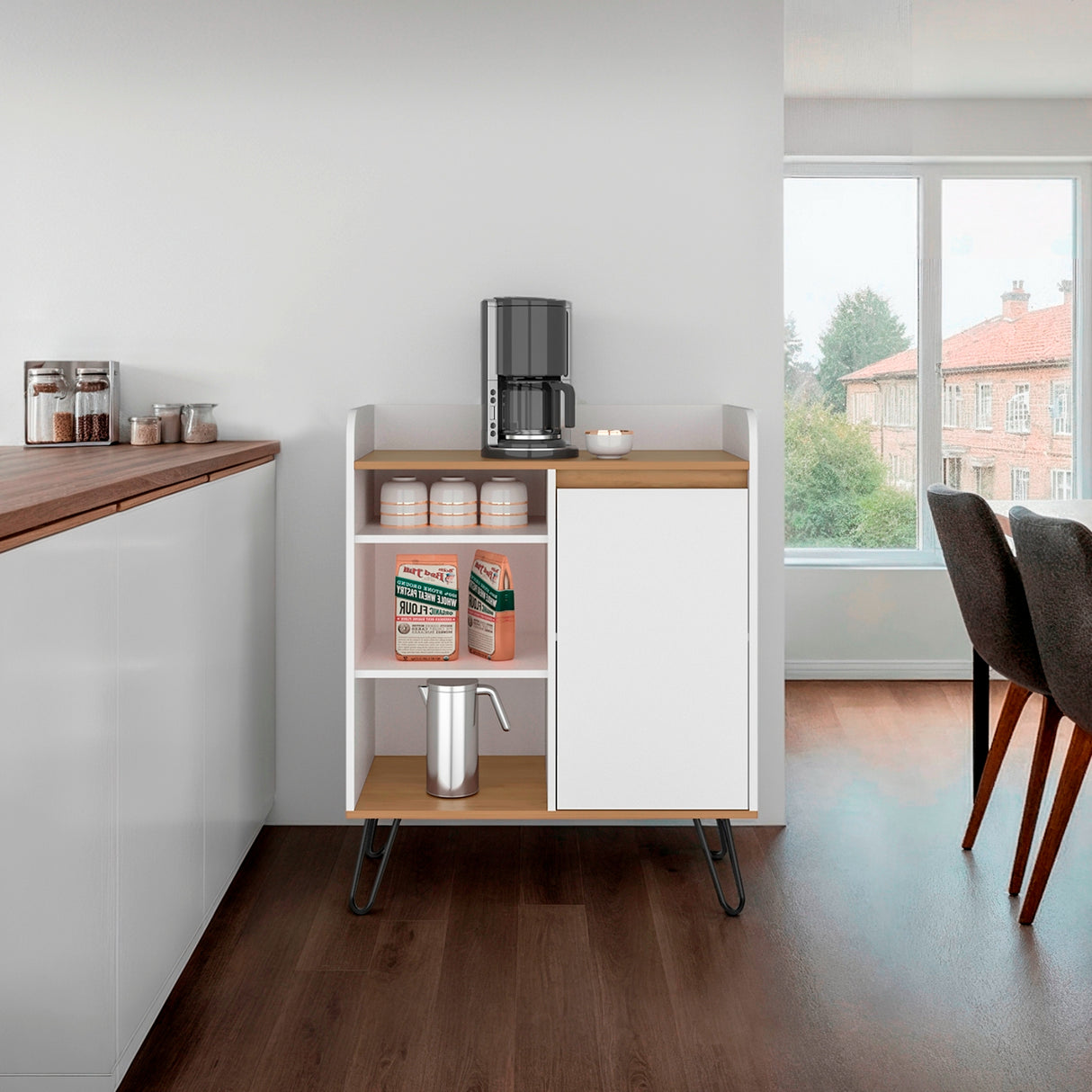 Estación de Café Espresso Fresno Europeo y Blanco 80x99.4cm con Tres Entrepaños y con Cinco Compartimientos - BARRAS Y MUEBLES AUXILIARES | Bylmo