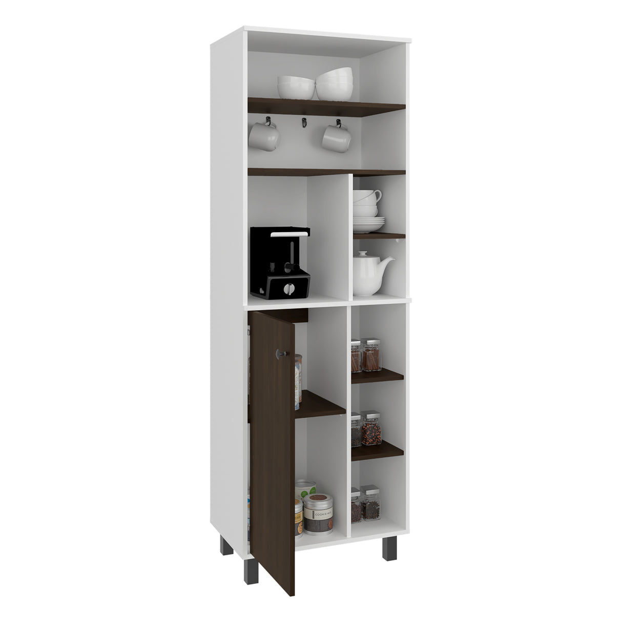 Estación de Café Carajillo Blanco Marquez y Nogal 60x180cm con Cuatro Entrepaños y con Diez Compartimientos - BARRAS Y MUEBLES AUXILIARES | Bylmo