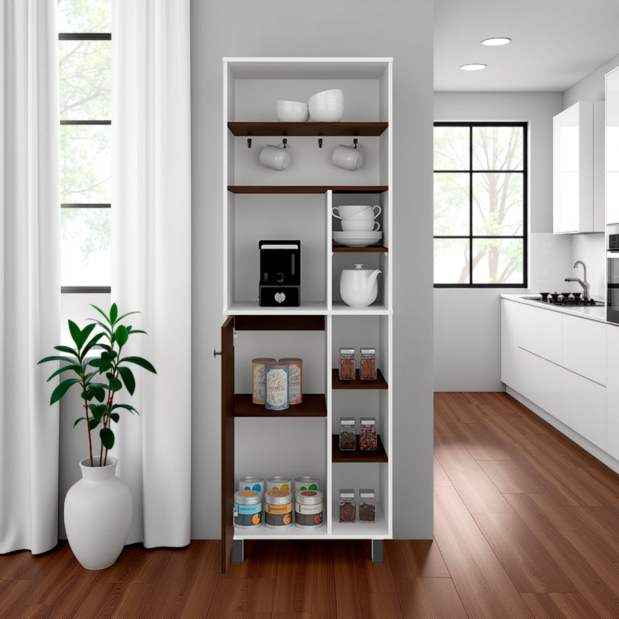 Estación de Café Carajillo Blanco Marquez y Nogal 60x180cm con Cuatro Entrepaños y con Diez Compartimientos - BARRAS Y MUEBLES AUXILIARES | Bylmo