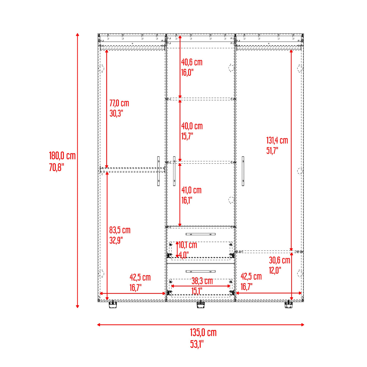 Closet Baru Lite Bardolino 135x180cm con Cinco Compartimientos y con Tres Puertas - CLOSETS | Bylmo
