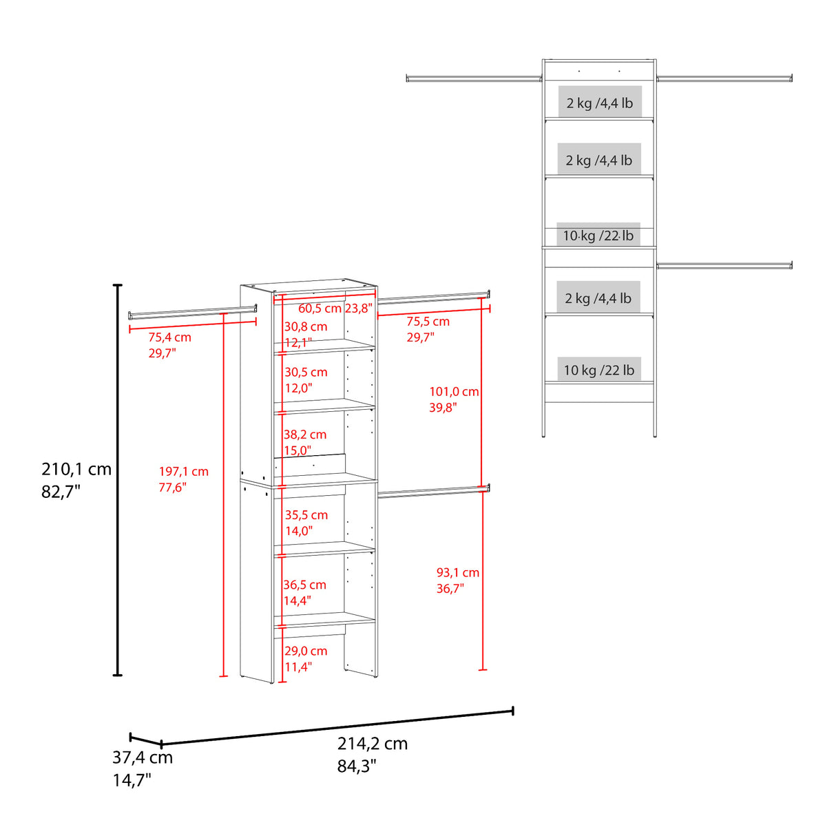 Closet Selt Kronos 63.6x210.1cm con Cinco Compartimientos y sin Puertas - CLOSETS | Bylmo